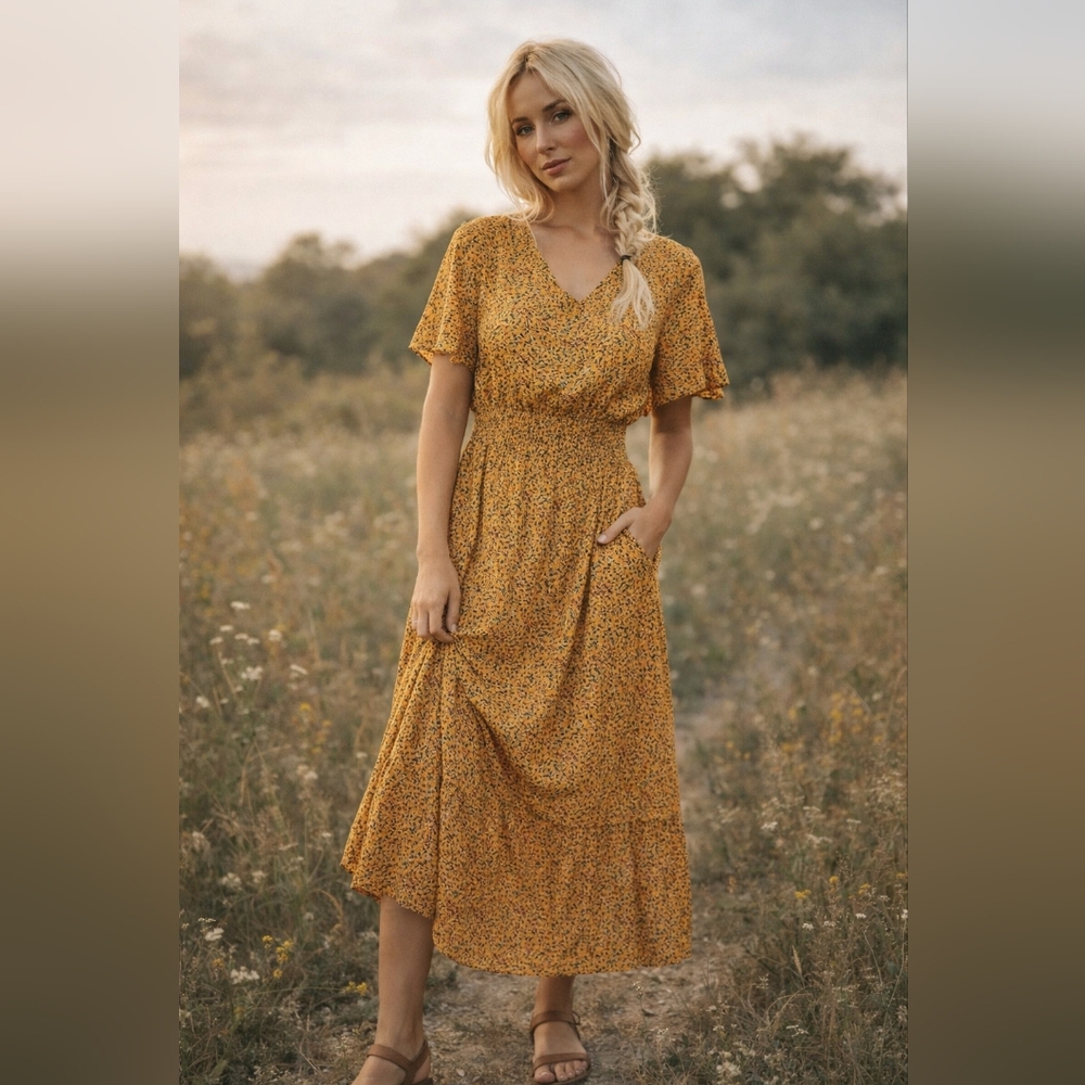 Romantic Mustard Floral Smocked Midi Dress | Boho Cottagecore | Size S